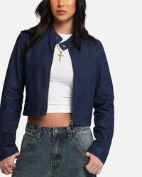 Ed Hardy Women's Cropped Denim Biker Jacket Indigo Denim
