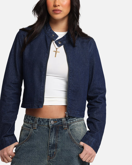 Ed Hardy Women's Cropped Denim Biker Jacket Indigo Denim