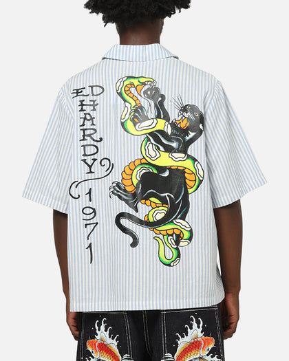 Ed Hardy Panther Button-Up Shirt Blue Pin Stripe