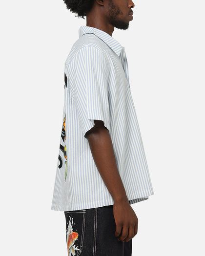 Ed Hardy Panther Button-Up Shirt Blue Pin Stripe