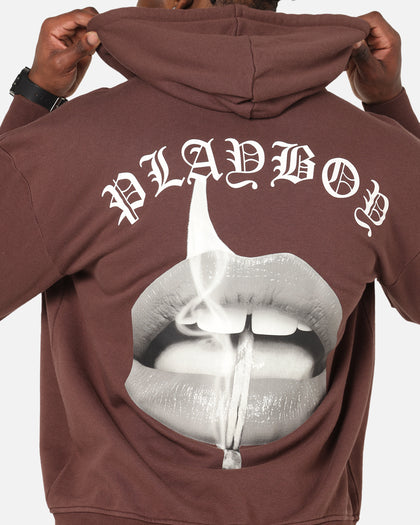 Playboy Gothic Mono Lips Hoodie Washed Brown