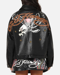 Ed Hardy Women's Vegan Leather Bomber Jacket Black