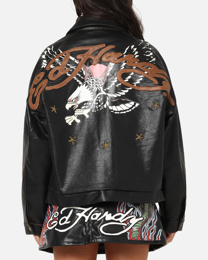 Ed Hardy Women's Vegan Leather Bomber Jacket Black