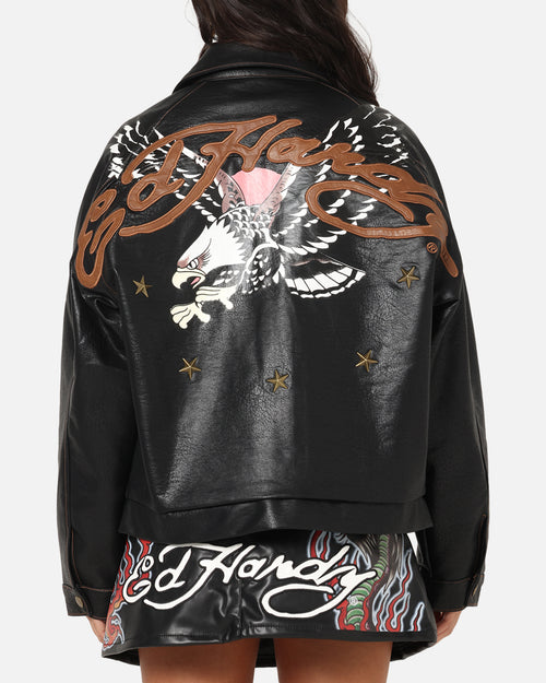 Ed Hardy Women's Vegan Leather Bomber Jacket Black