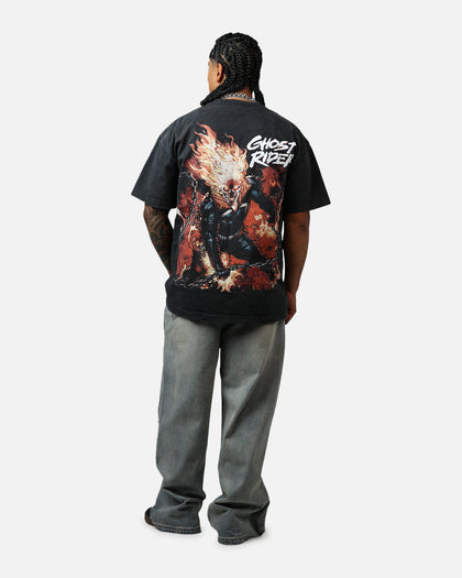 Goat Crew Marvel Ghost Rider Fire Vintage T-Shirt Black Acidwash
