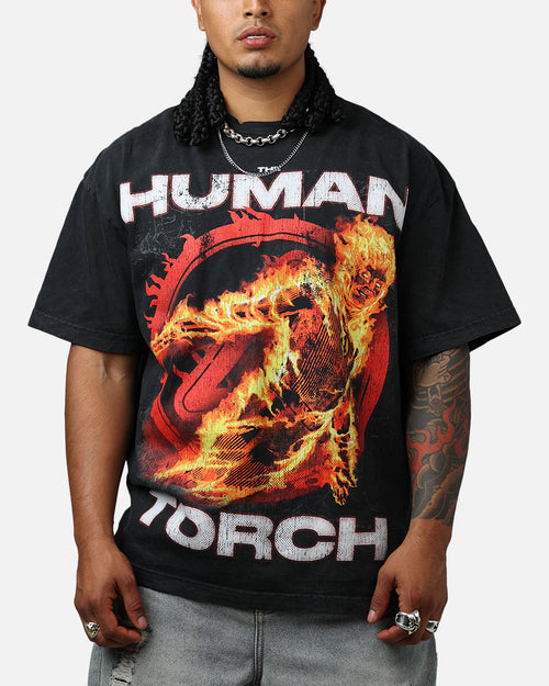 Goat Crew Marvel Fantastic Four Human Torch Fire Vintage T-Shirt Black Acidwash