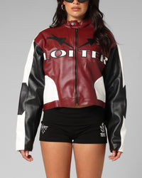 Loiter Women's Engine Cropped Vegan Leather Jacket Red