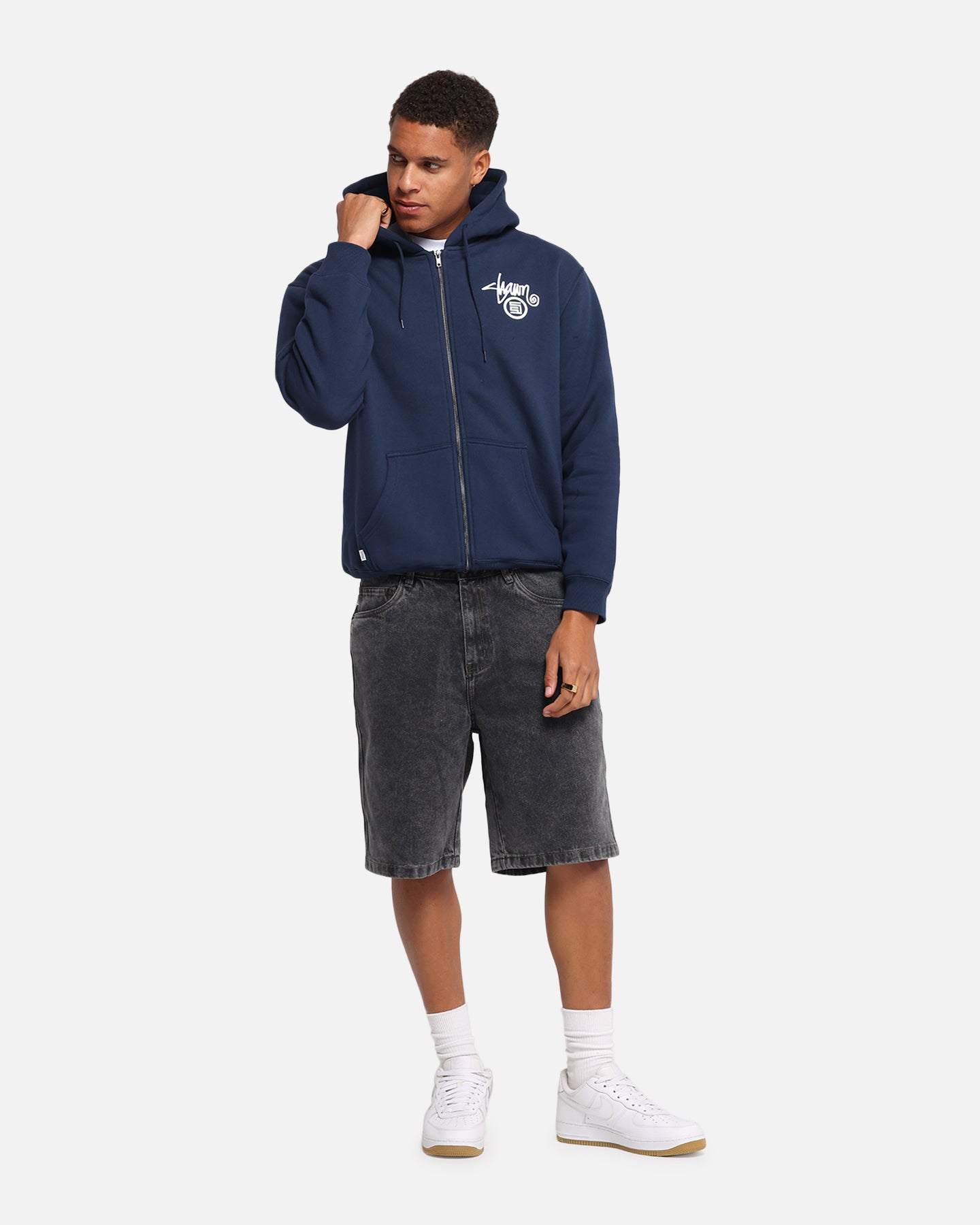 S Double Shawn Dot Zip Through Hoodie Washed Navy | Culture Kings