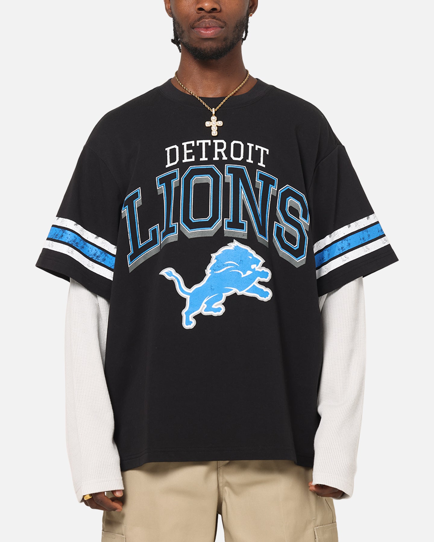 Mitchell & Ness Detroit Lions Waffle Mock Layer Long Sleeve T