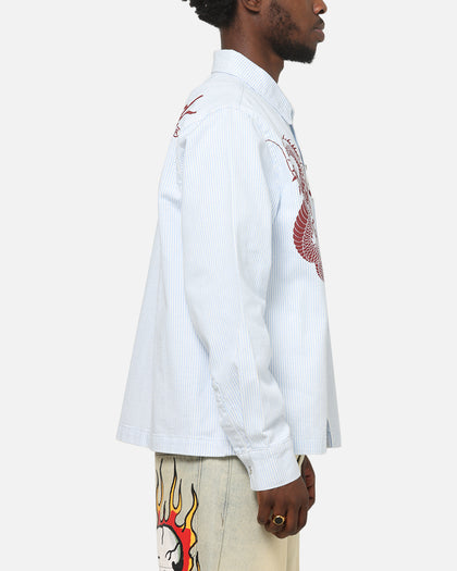 Ed Hardy Euro Button Up Shirt Blue Pinstripe