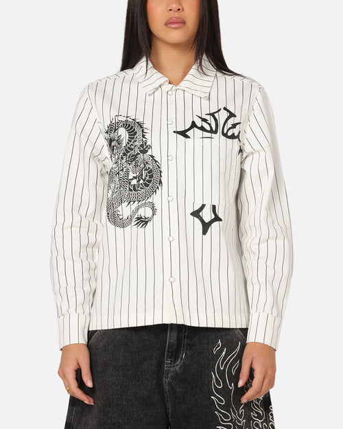 Ed Hardy Euro Button Up Shirt White Pinstripe