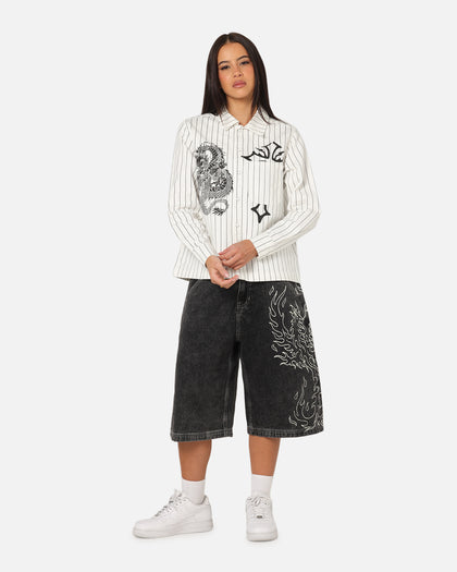 Ed Hardy Euro Button Up Shirt White Pinstripe