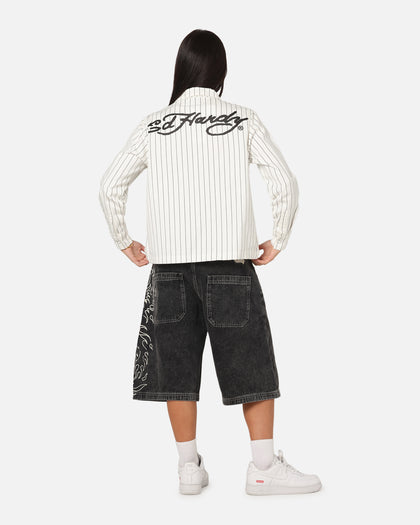 Ed Hardy Euro Button Up Shirt White Pinstripe