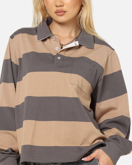 XXIII Rugby Long Sleeve Polo T-Shirt Charcoal/Tan