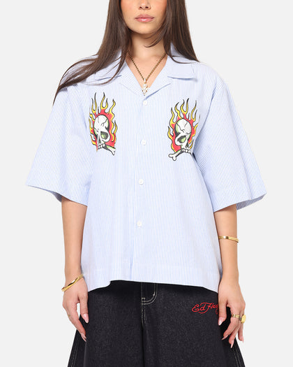 Ed Hardy Flame Stripe Button Up Shirt Blue Pin Stripe