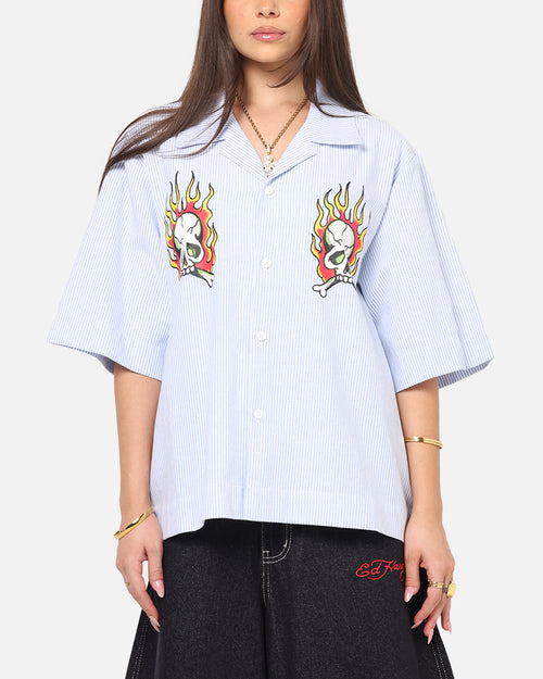 Ed Hardy Flame Stripe Button Up Shirt Blue Pin Stripe