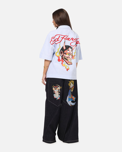 Ed Hardy Flame Stripe Button Up Shirt Blue Pin Stripe