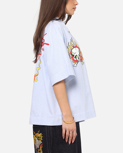 Ed Hardy Flame Stripe Button Up Shirt Blue Pin Stripe