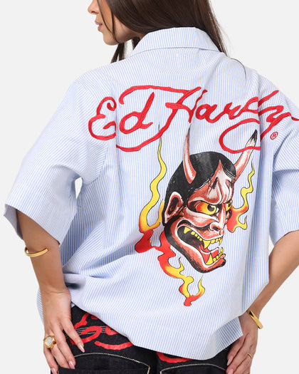 Ed Hardy Flame Stripe Button Up Shirt Blue Pin Stripe