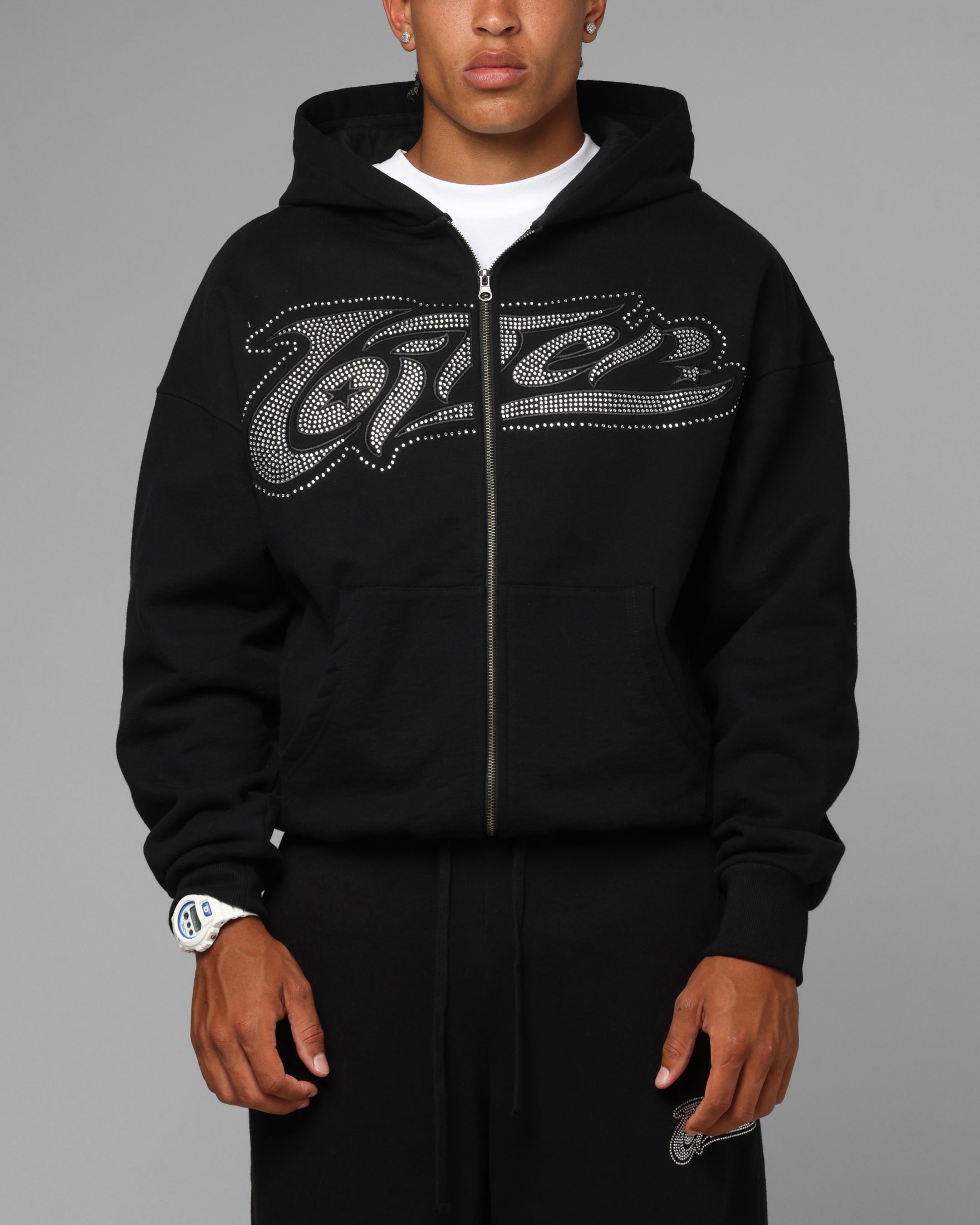 Loiter Silicone Rhinestone Zip Hoodie Black | Culture Kings