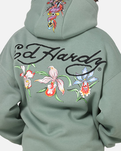 Ed Hardy Floral Zip Hoodie Sage