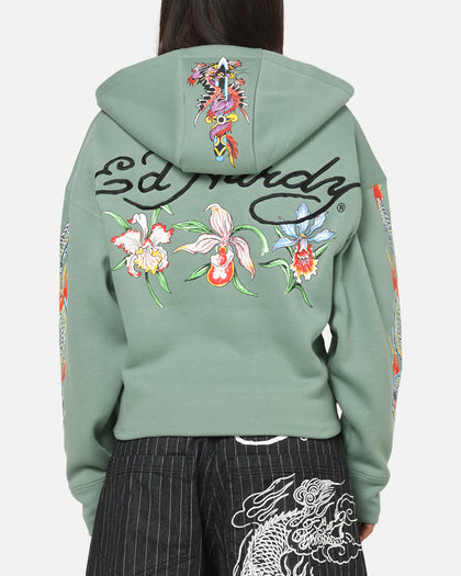 Ed Hardy Floral Zip Hoodie Sage