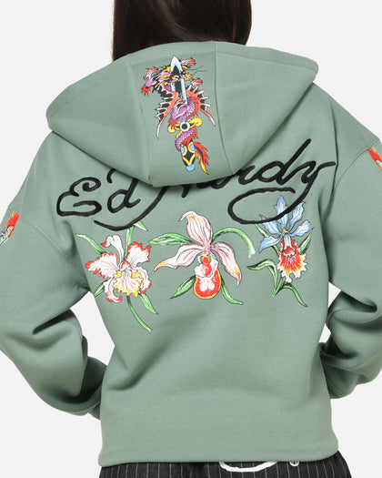 Ed Hardy Floral Zip Hoodie Sage