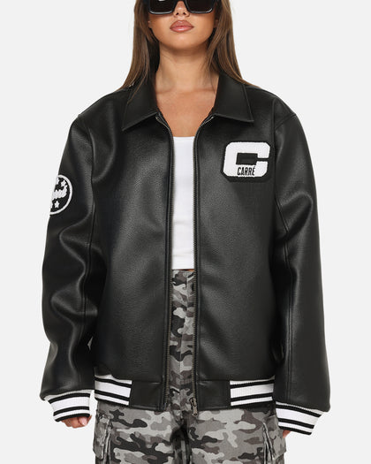 Carre Vegan Leather Varsity Jacket Black/White
