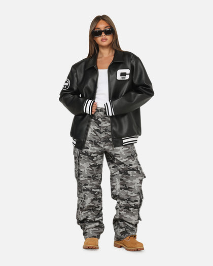 Carre Vegan Leather Varsity Jacket Black/White