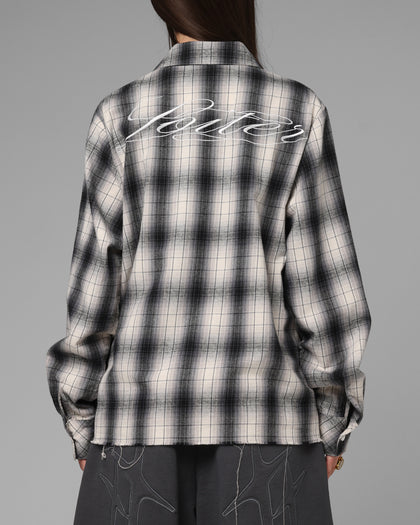 Loiter Heaven Distressed Flannel Button Up Shirt Black/White