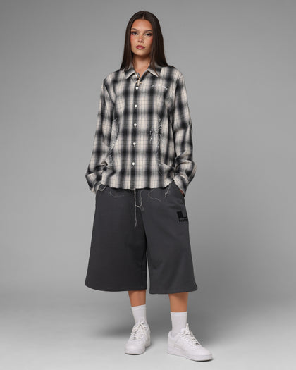 Loiter Heaven Distressed Flannel Button Up Shirt Black/White