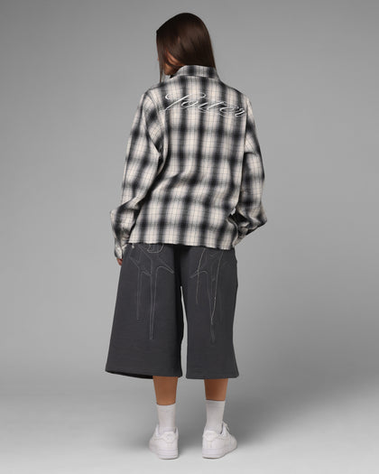 Loiter Heaven Distressed Flannel Button Up Shirt Black/White