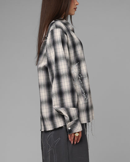 Loiter Heaven Distressed Flannel Button Up Shirt Black/White