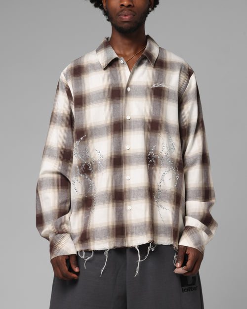Loiter Heaven Distressed Flannel Button Up Shirt Brown/Beige