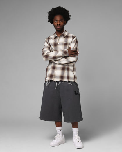 Loiter Heaven Distressed Flannel Button Up Shirt Brown/Beige