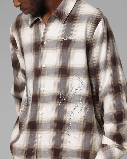 Loiter Heaven Distressed Flannel Button Up Shirt Brown/Beige