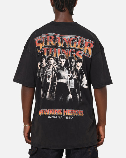 73Studio X Stranger Things Hawkins Heroes T-Shirt Black Acidwash