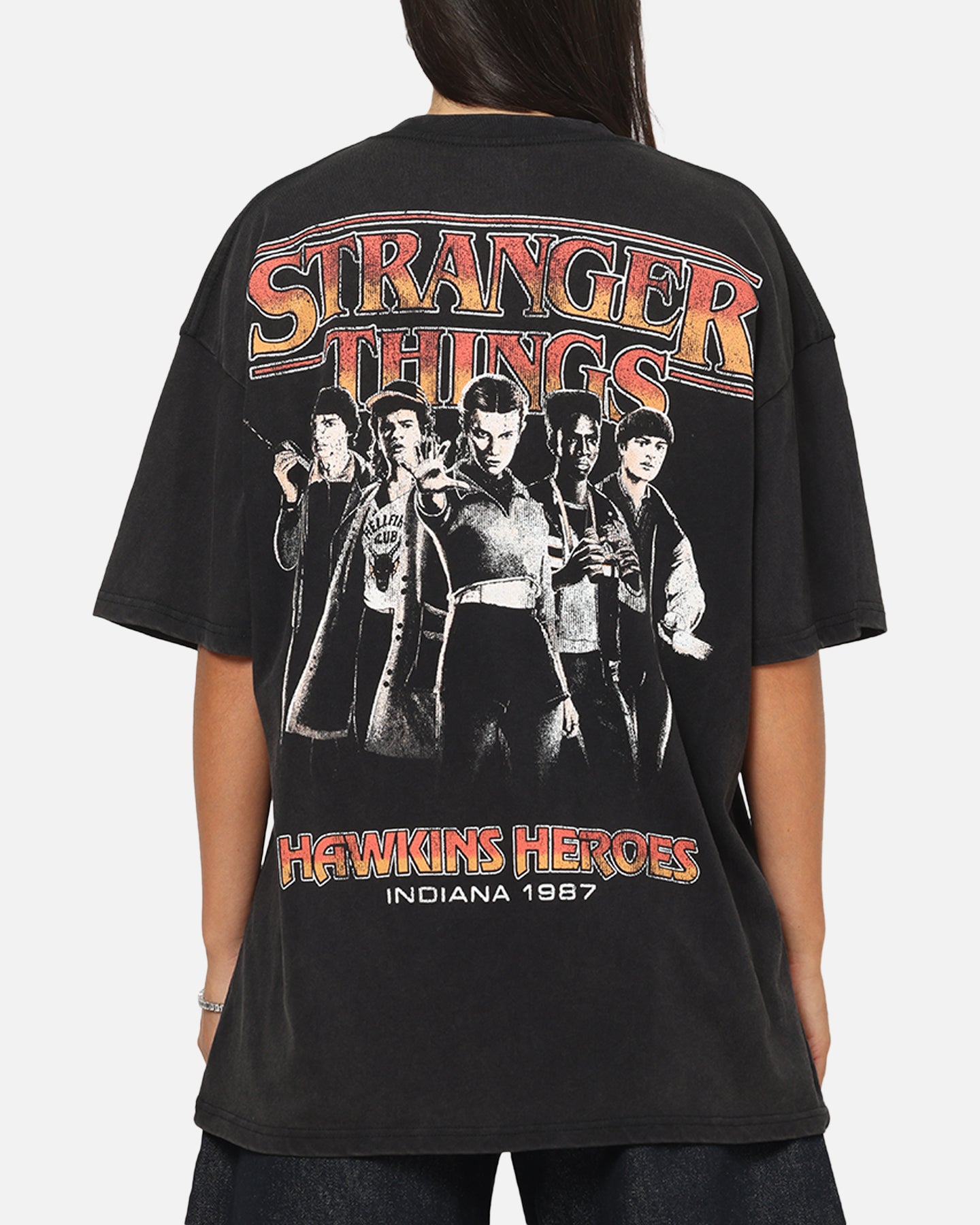 73Studio X Stranger Things Hawkins Heroes T-Shirt Black Acidwash
