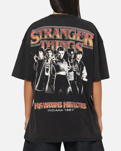 73Studio X Stranger Things Hawkins Heroes T-Shirt Black Acidwash