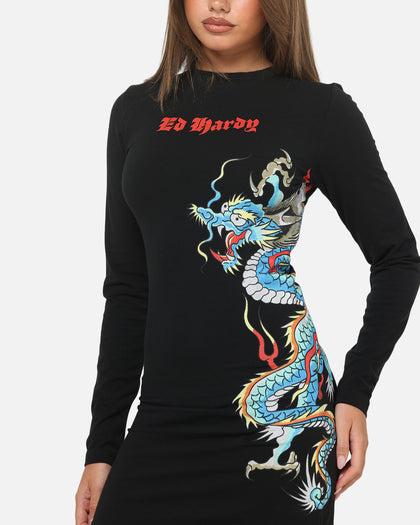 chinese dress ladies Ed Hardy Women's Dragon Long Sleeve Mini Dress Black