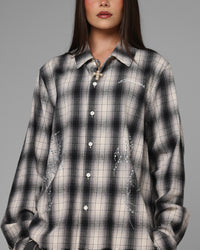 Loiter Heaven Distressed Flannel Button Up Shirt Black/White