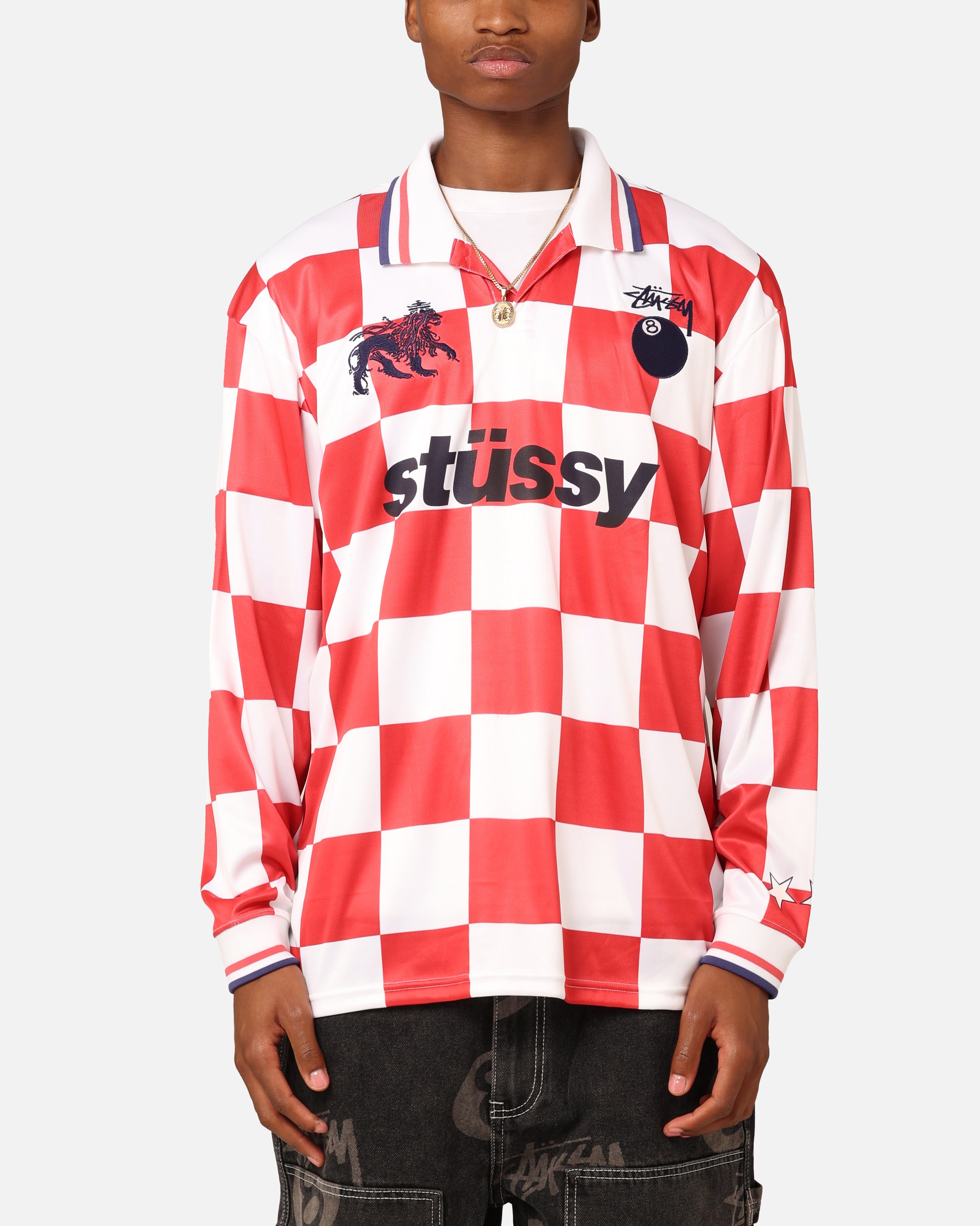 Stüssy Football Polo Long Sleeve T-Shirt White/Red Check | Culture
