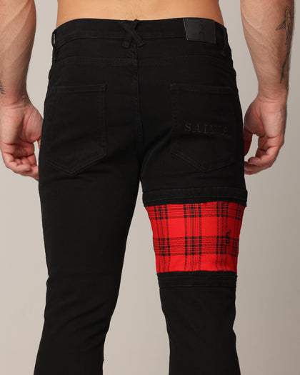 Saint Morta Sideline Distressed Jeans Black/Red Tartan