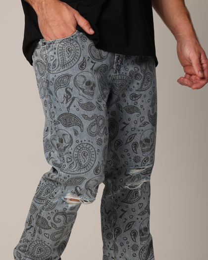 Saint Morta Paisley Skulls Jeans Stone Wash Blue
