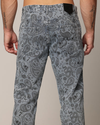 Saint Morta Paisley Skulls Jeans Stone Wash Blue