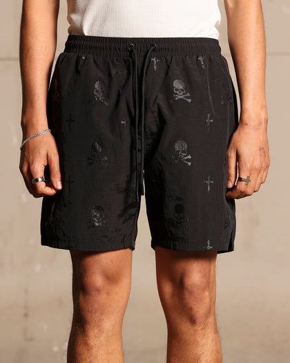 Saint Morta Skull And Bones Beach Shorts Black