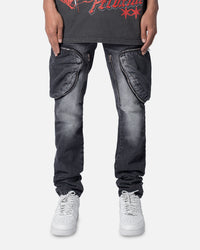 MNML Zipper Inseam Cargo Denim Jeans Washed Black