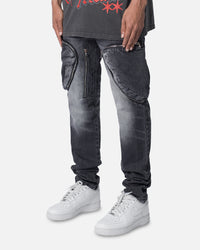 MNML Zipper Inseam Cargo Denim Jeans Washed Black