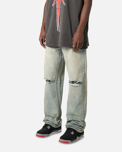 MNML Knee Distressed Ultra Baggy Denim Jeans Vintage Blue