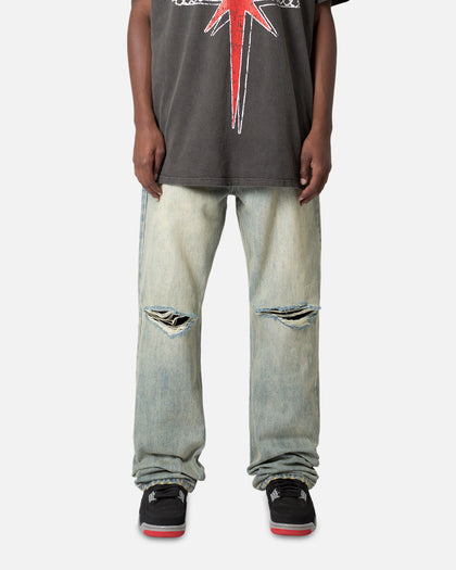 MNML Knee Distressed Ultra Baggy Denim Jeans Vintage Blue